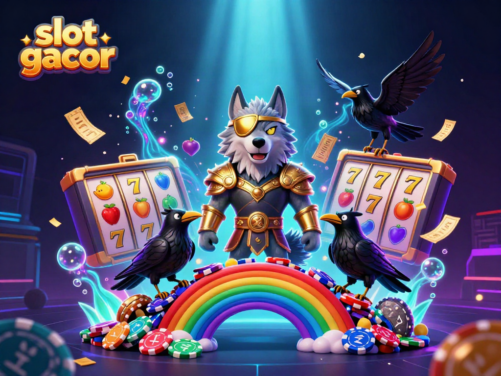 Slot gacor dengan karakter Odin dan raven beraksi di atas jembatan chip kasino, penuh warna dan dinamis.