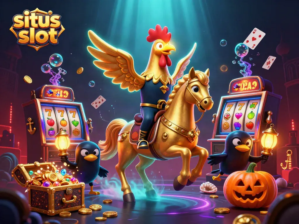 Experience the excitement of situs slot with golden rooster and spectral horse in a vibrant casino scene.
