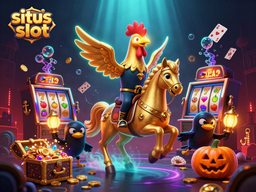 Experience the excitement of situs slot with golden rooster and spectral horse in a vibrant casino scene.