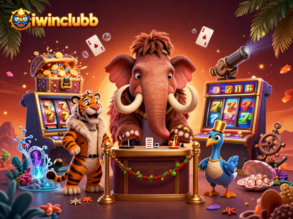 Experience iwinclubb vibes with a woolly mammoth bouncer and a saber-tooth tiger VIP amidst slot reels and treasure.