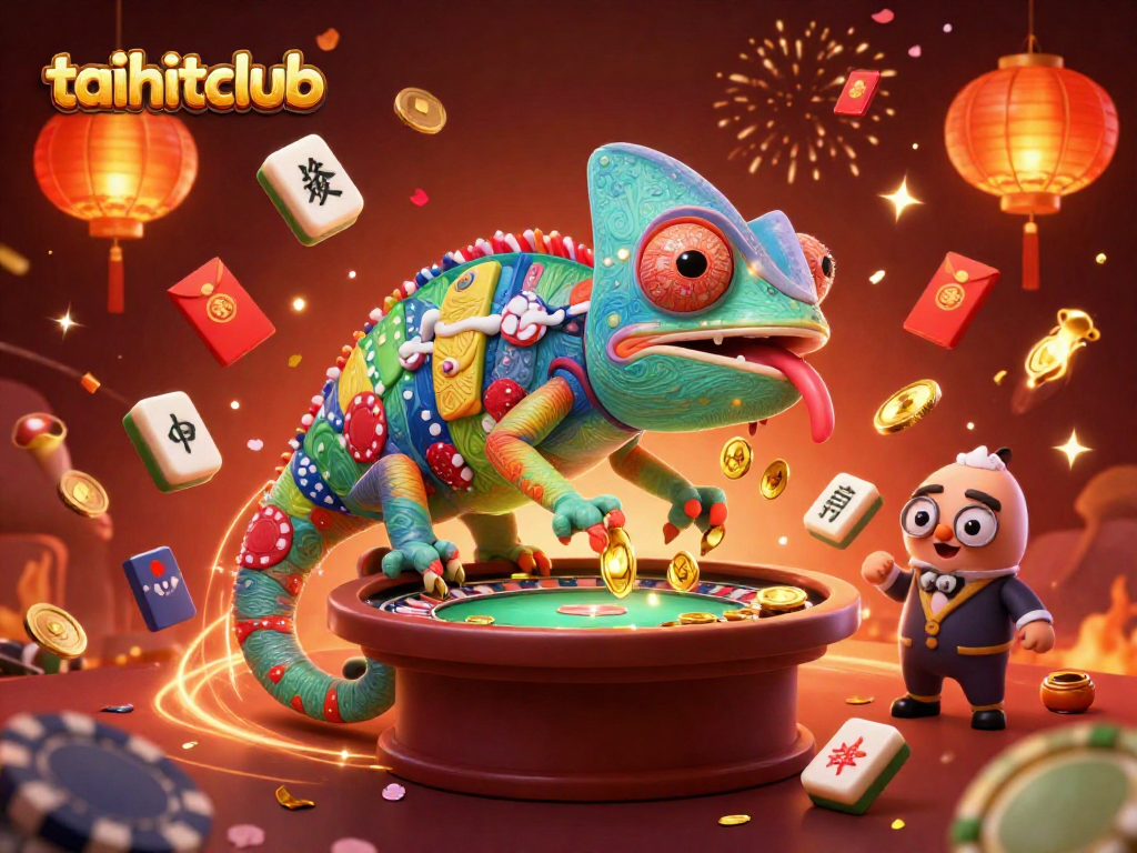 Experience thrilling action at taihitclub, where chameleon characters and festive elements fill the vibrant casino scene.