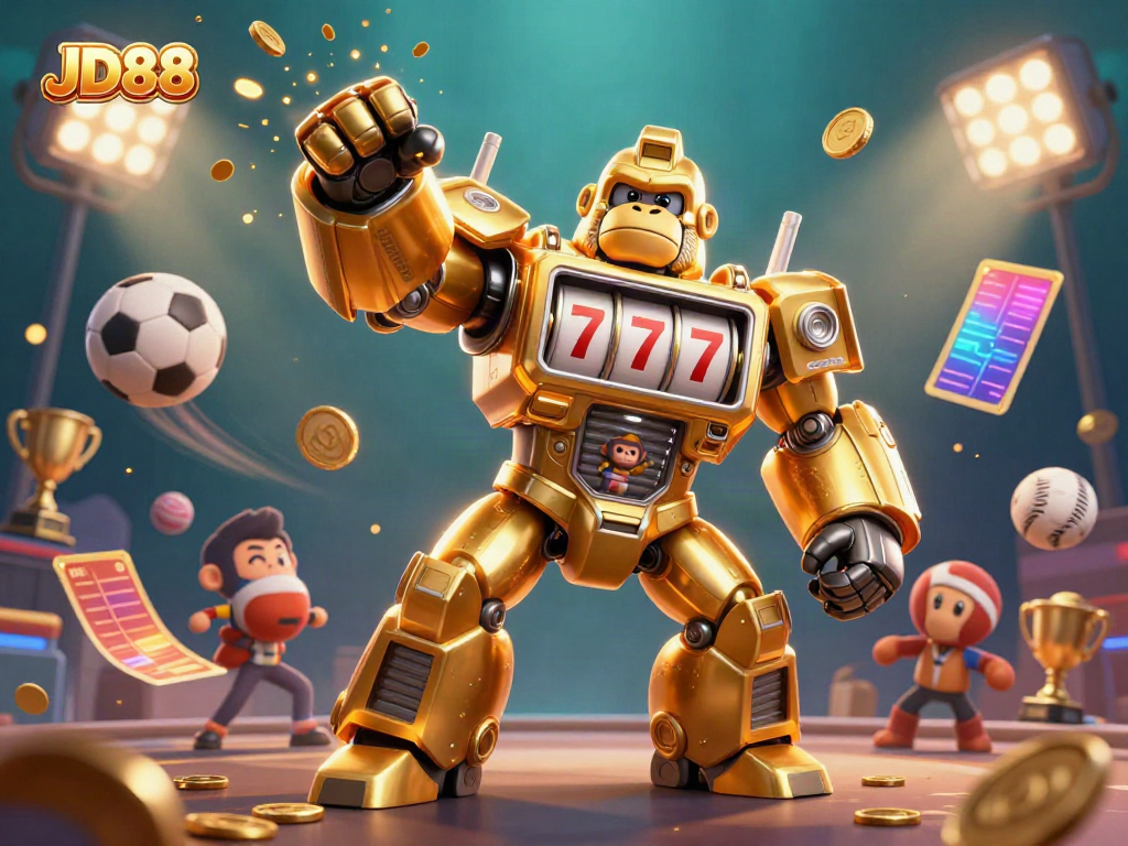 Experience JD88's vibrant gaming world with an explosive 3D gorilla mech illustration.
