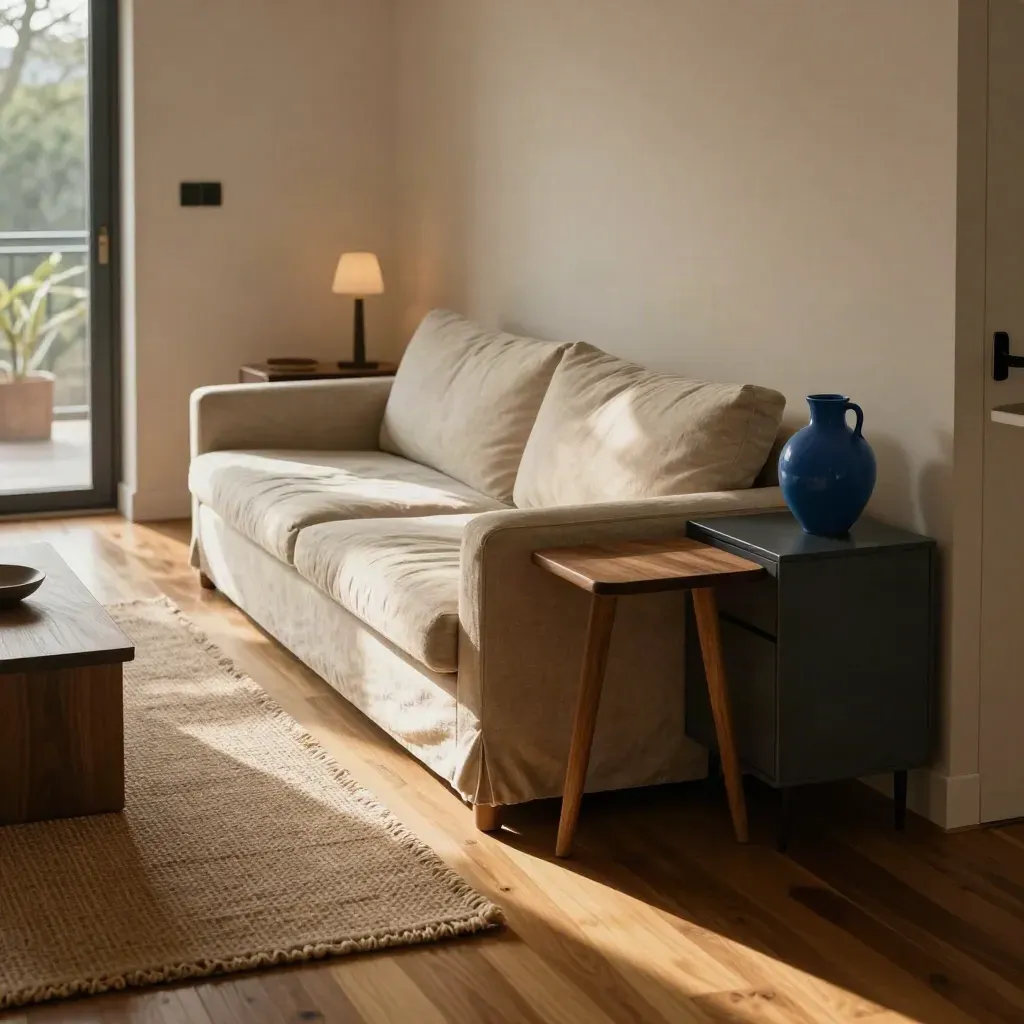 Compact living room with clear walkway, low sofa, nested tables, wall storage, and late-afternoon glow