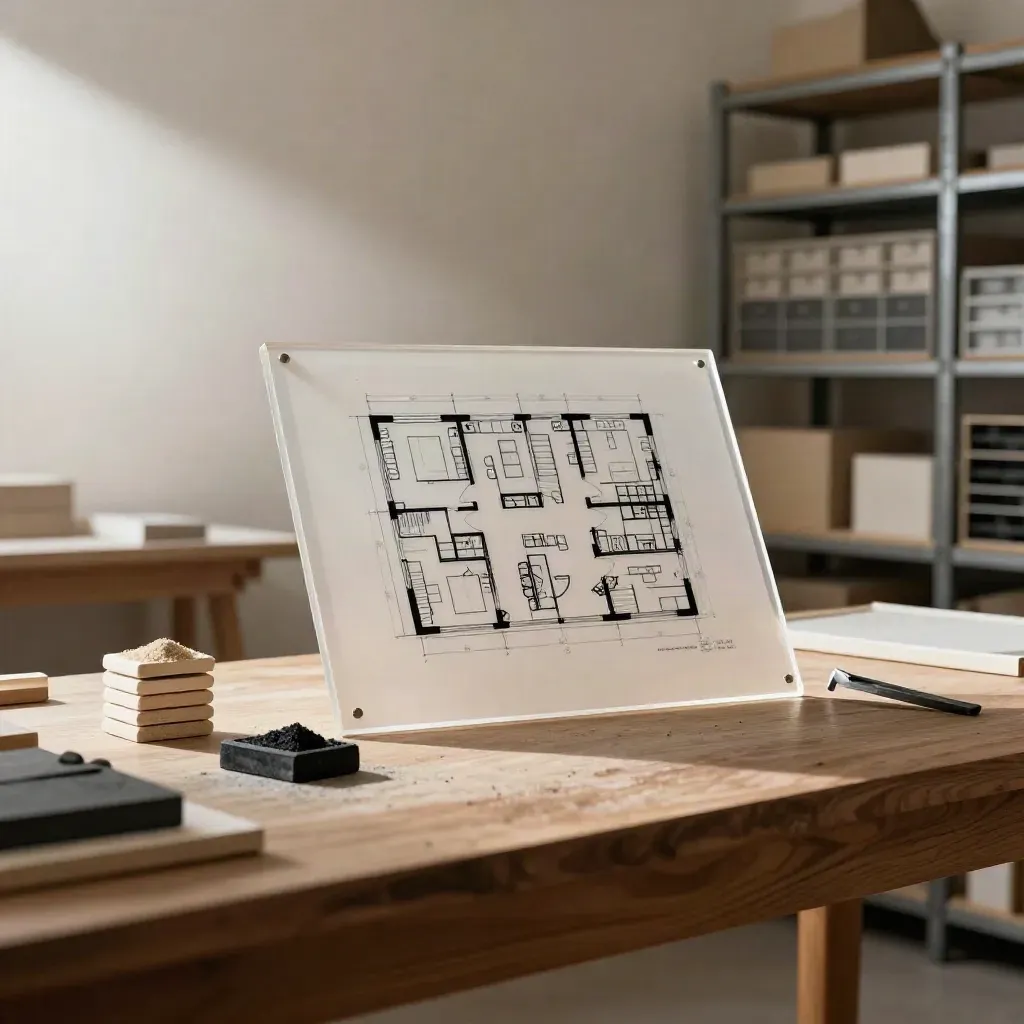 Architectural room model, acrylic sketch board, and material chips in a light-filled studio