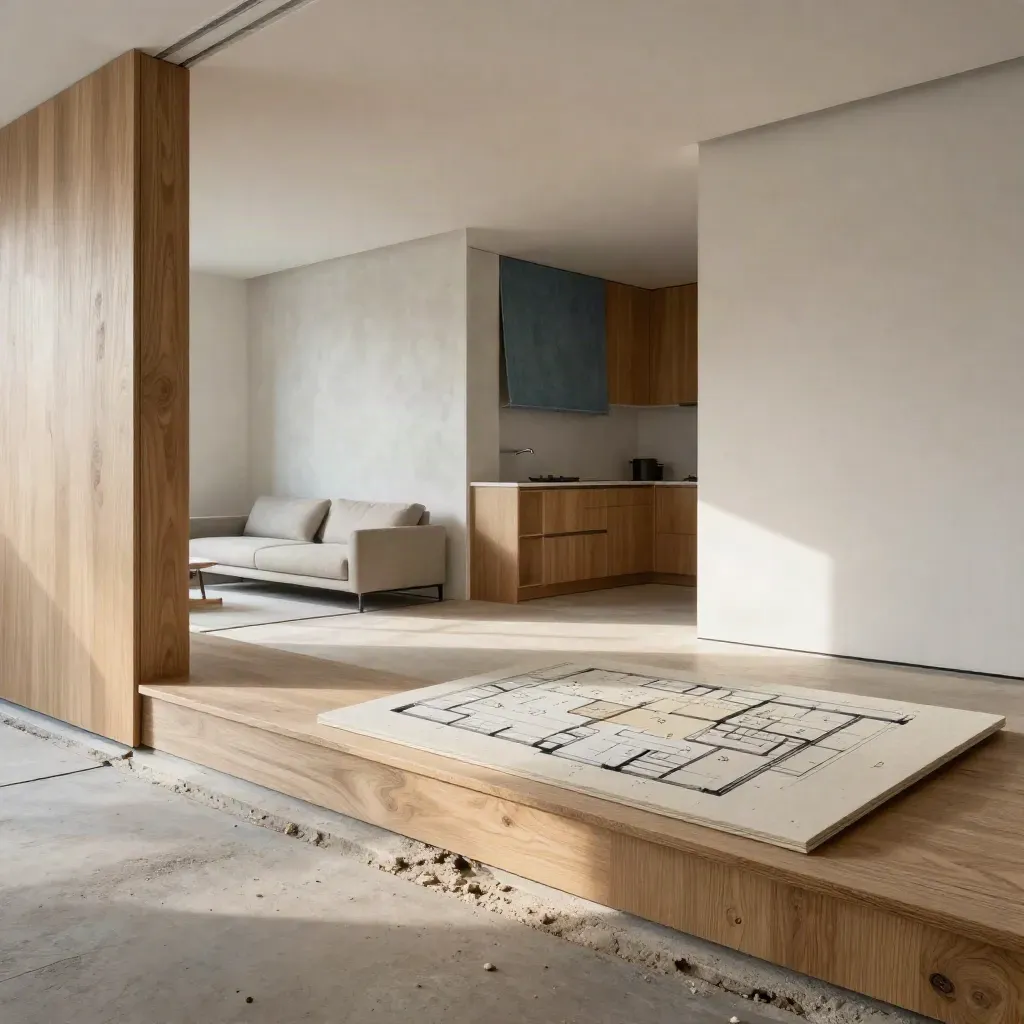 Open-plan remodel interior with floor-plan model, stone samples, and oak divider.