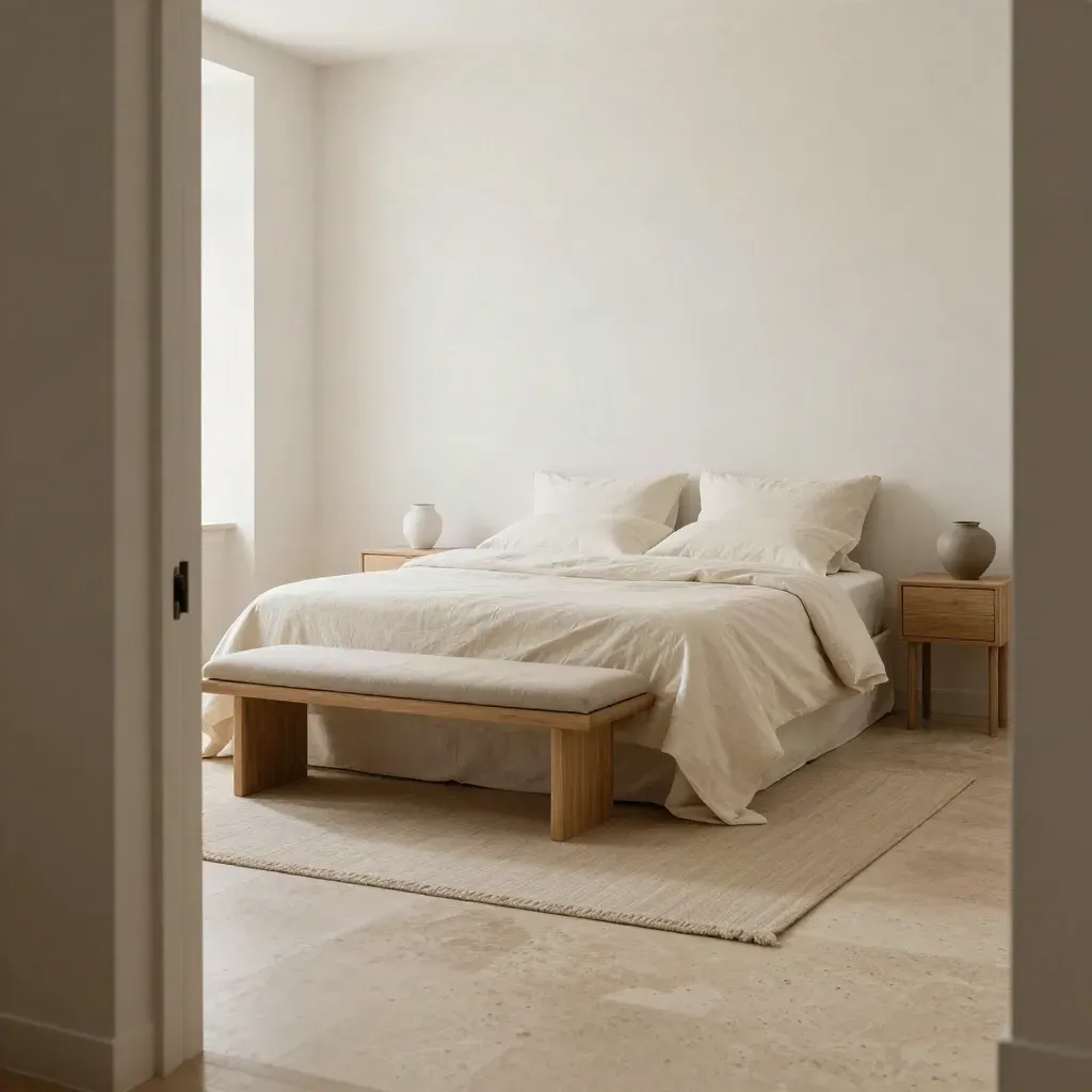 Bedroom layout with bed, bench, and nightstands arranged with open circulation.