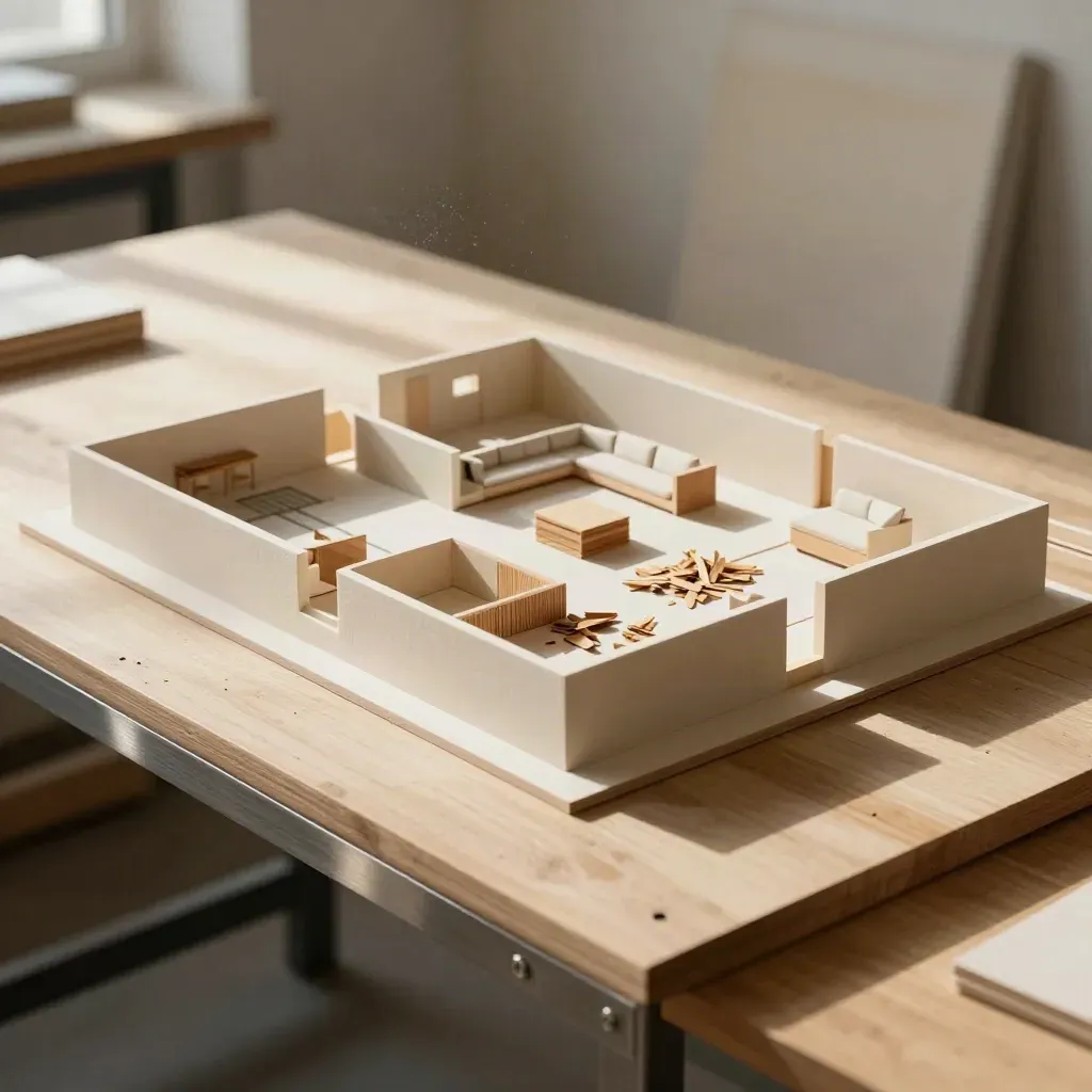 Sunlit floor-plan model on a studio workbench with wall cutouts and furniture mockup