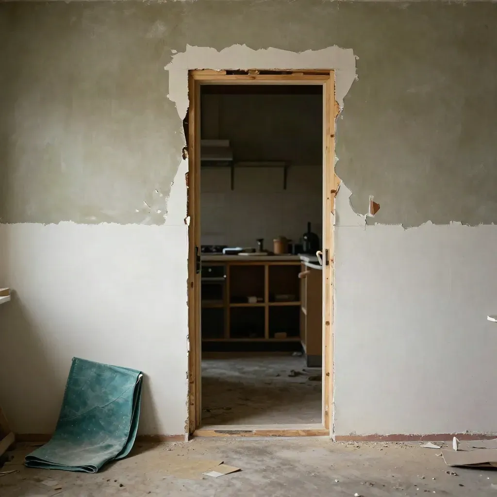 Torn-open kitchen remodel shell with new doorway mock-up, exposed studs, dust, and teal canvas.