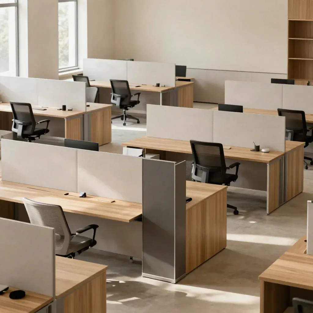 Open office with desk islands, acoustic panels, and storage zones in warm daylight.