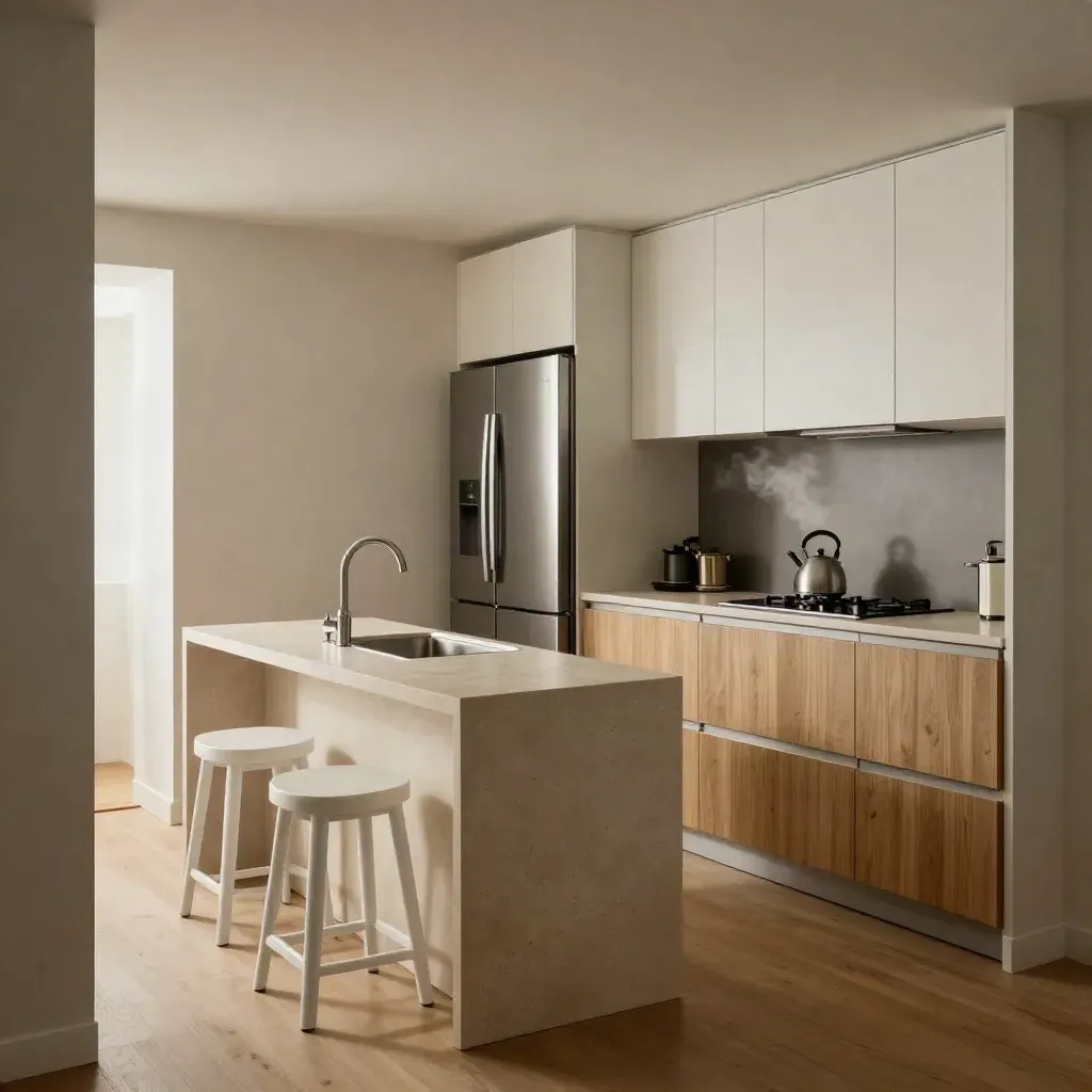 Bright compact condo kitchen with a clear sink-to-fridge path and slim peninsula.