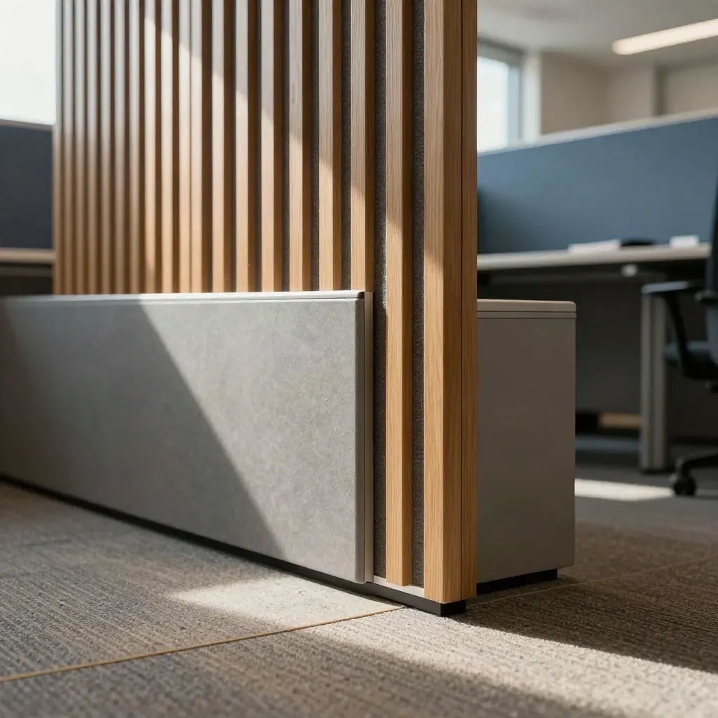 Macro of acoustic slats and storage walls defining zones in a finished office