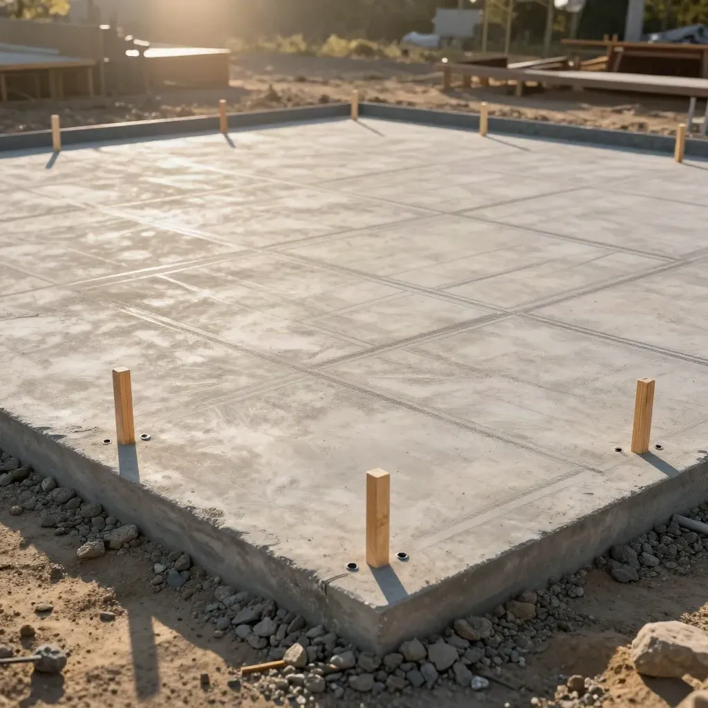 Foundation slab with wall lines, utility stubs, and stake markers ready for framing