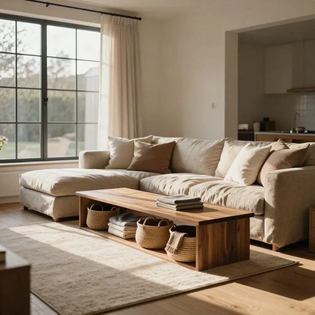 Sunlit family living room with modular sofa, toy baskets, and a clear play lane by the window.