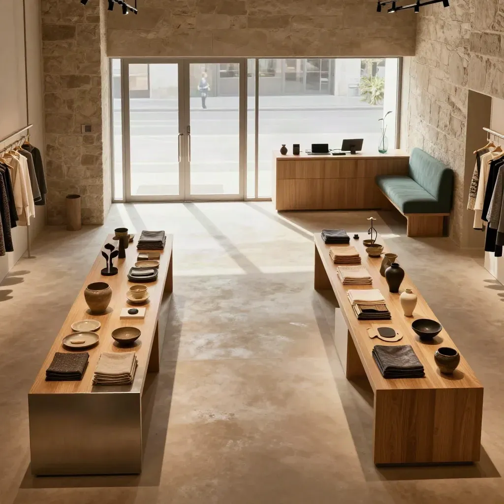 Boutique retail floor with two display islands, a set-back checkout counter, and a clear entry path.