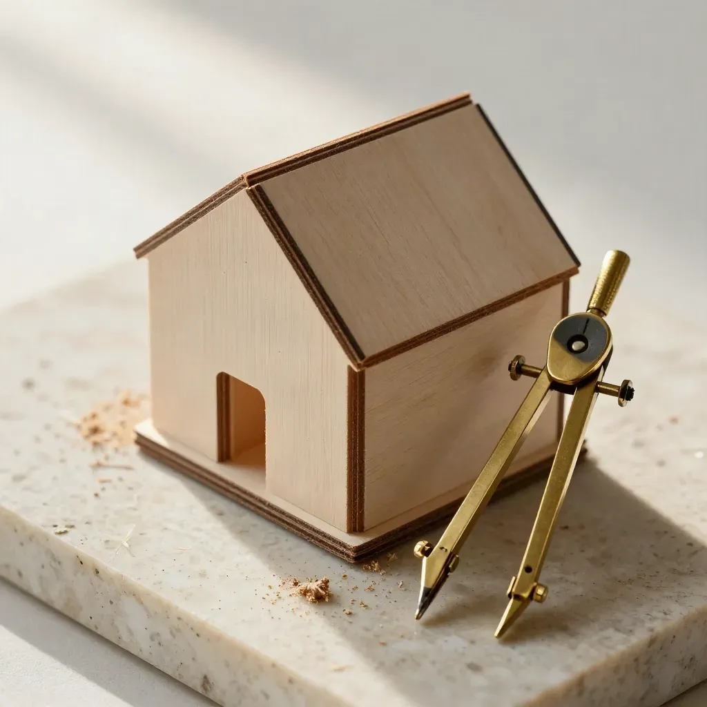 Macro planning stack of room blocks, chipboard house shell and brass compass on travertine stone.