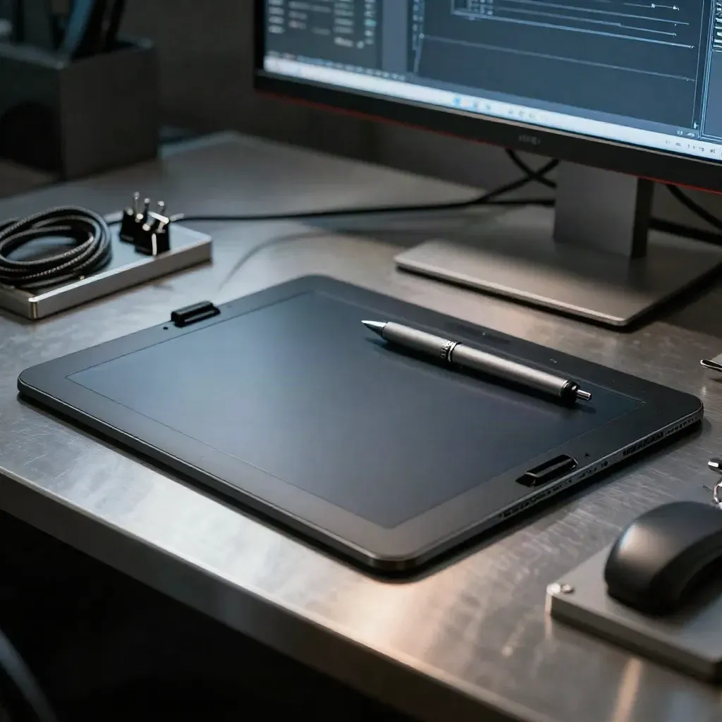 Drafting tablet, stylus, precision pen and cable clips on brushed metal in dim studio light