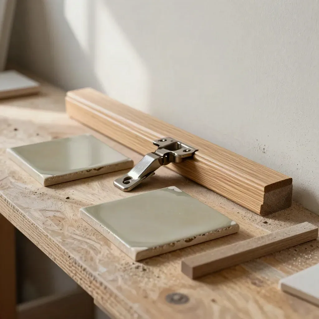Tile chips, hinge sample, oak trim offcuts and a wall mockup on a dusty workbench