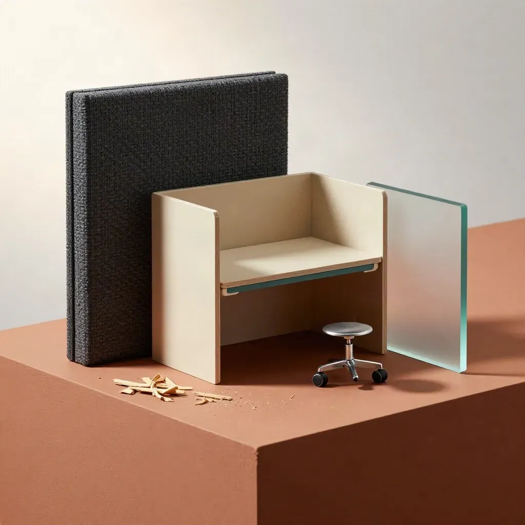 Acoustic panel sample, mini desk pod, chair casters, and frosted glass offcut on a terracotta sample bench.
