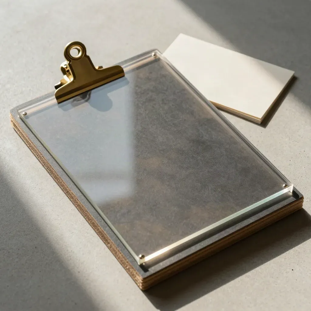 Overhead flatlay of acrylic layout overlay, chipboard room blocks, brass clip and matte board.