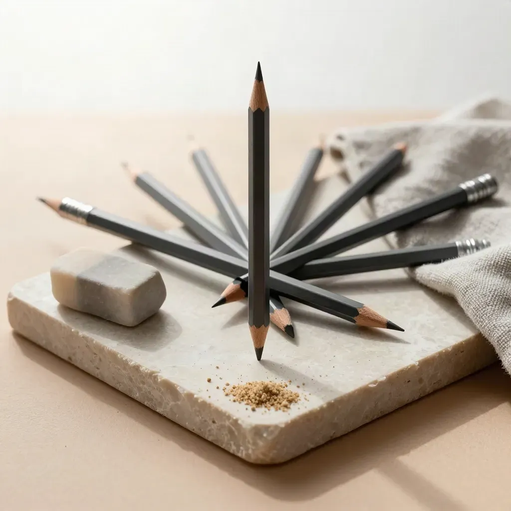 Graphite pencil, eraser and room markers on a stone tray under soft side light.