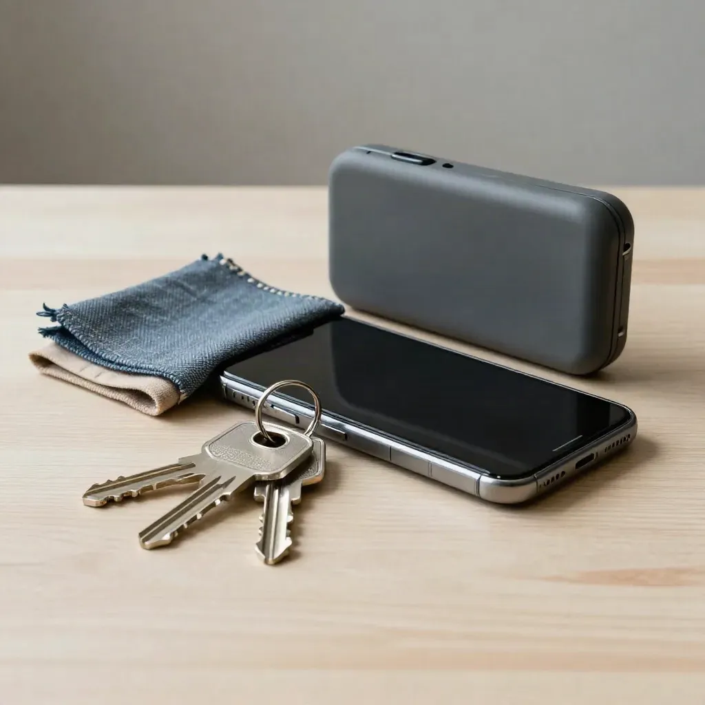 Top-down still life of phone, keys, fabric swatch, and case on pale wood.