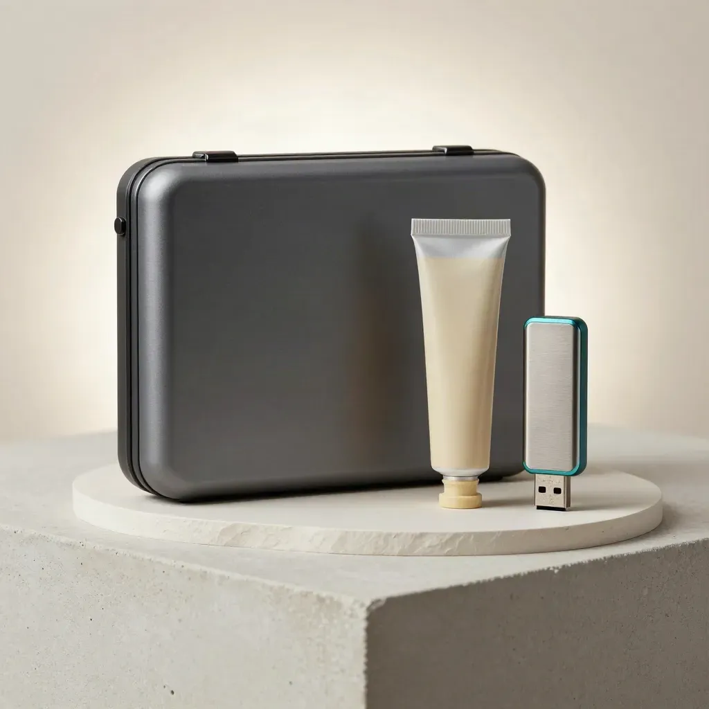 Archival tube, sealed USB drive, and matte presentation case on a soft plaster sweep.