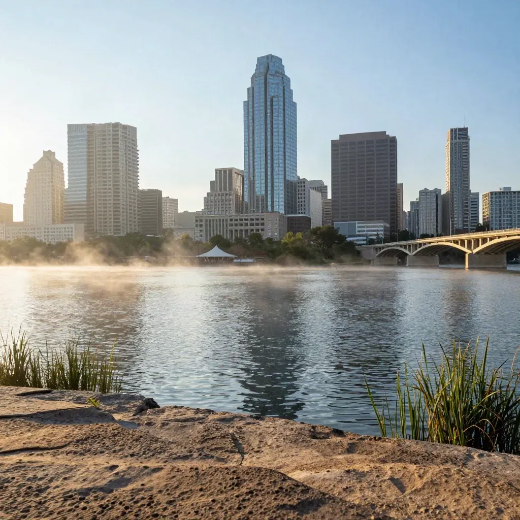 Austin skyline over Lady Bird Lake at sunrise with the Congress Avenue Bridge in haze.