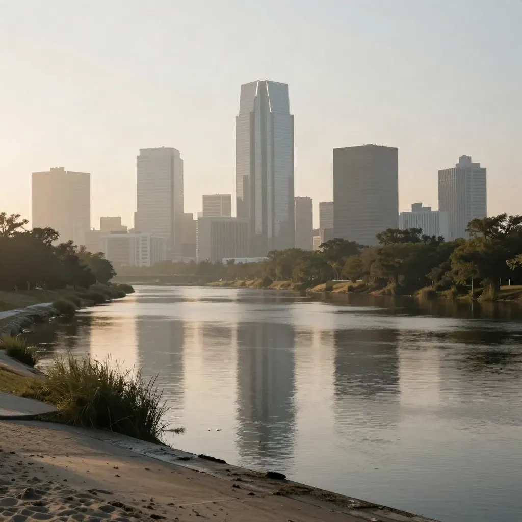 Houston skyline above Buffalo Bayou at sunrise with hazy reflections and quiet tree-lined banks