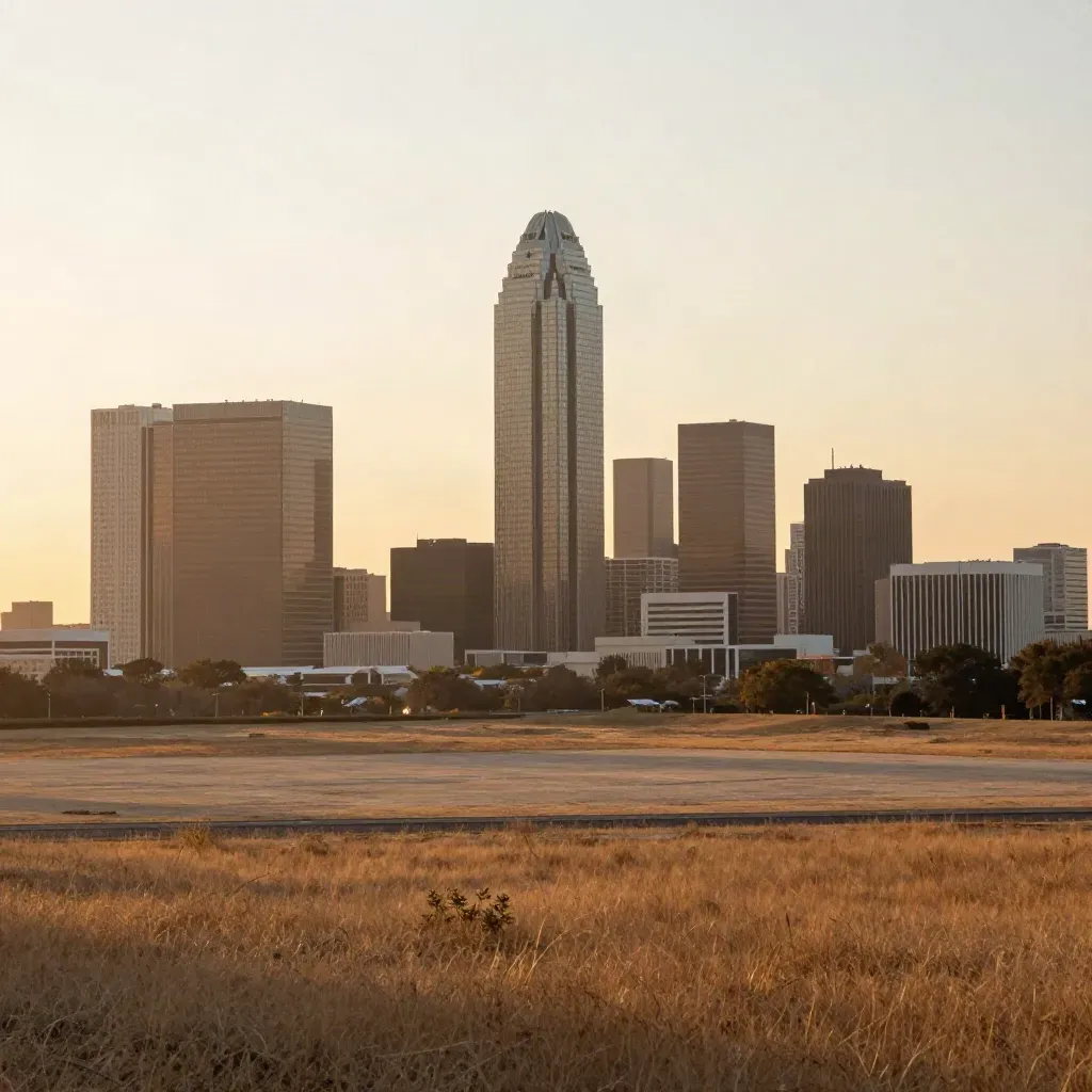 Dallas skyline with Reunion Tower above a soft prairie foreground at golden hour