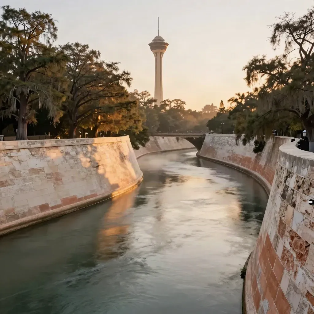 San Antonio River corridor with limestone walls, cypress, and the Tower of the Americas in warm haze
