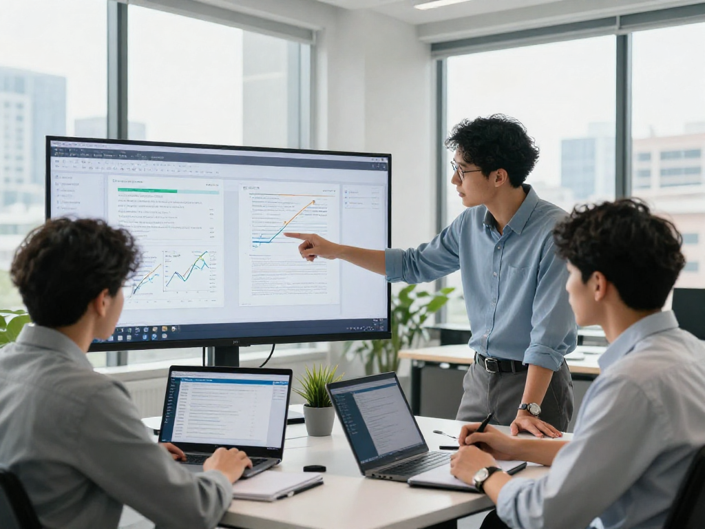 Team collaborating on document fraud detection analysis in a professional office, showcasing modern technology and teamwork.