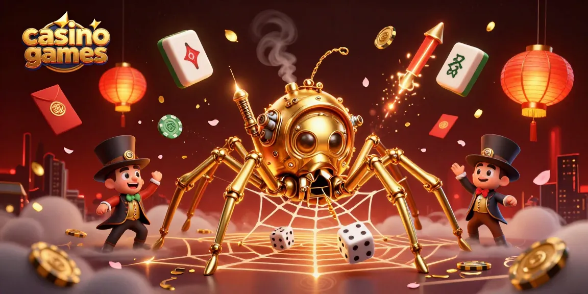 Engage in exhilarating casino games with a whimsical steampunk spider and vibrant elements.