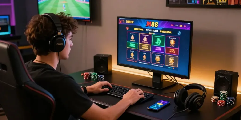Player engaging with m88.com login alternatif on desktop in vibrant gaming setup.