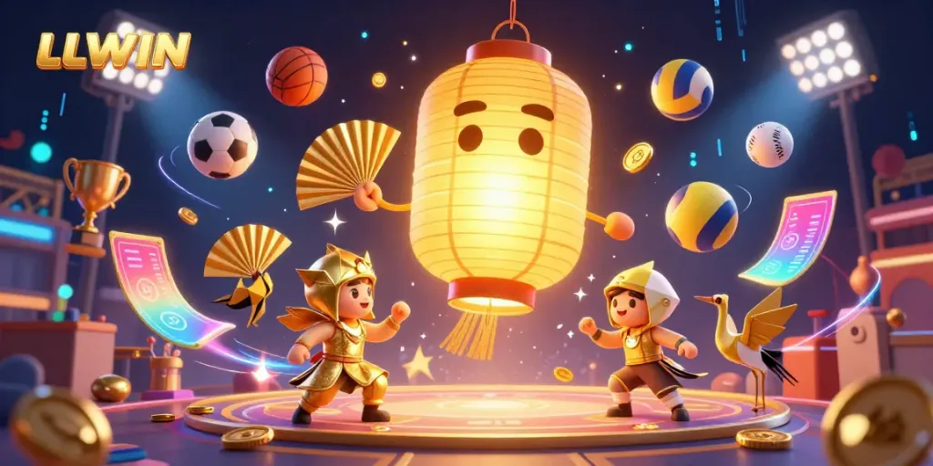 Engage with LLWIN's vibrant casino scene featuring a magical lantern spirit and dynamic sports elements.