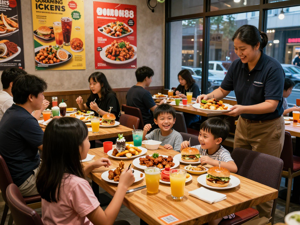 Families enjoying meals at ROKOK88 restaurant, showcasing vibrant atmosphere and favorite dishes.