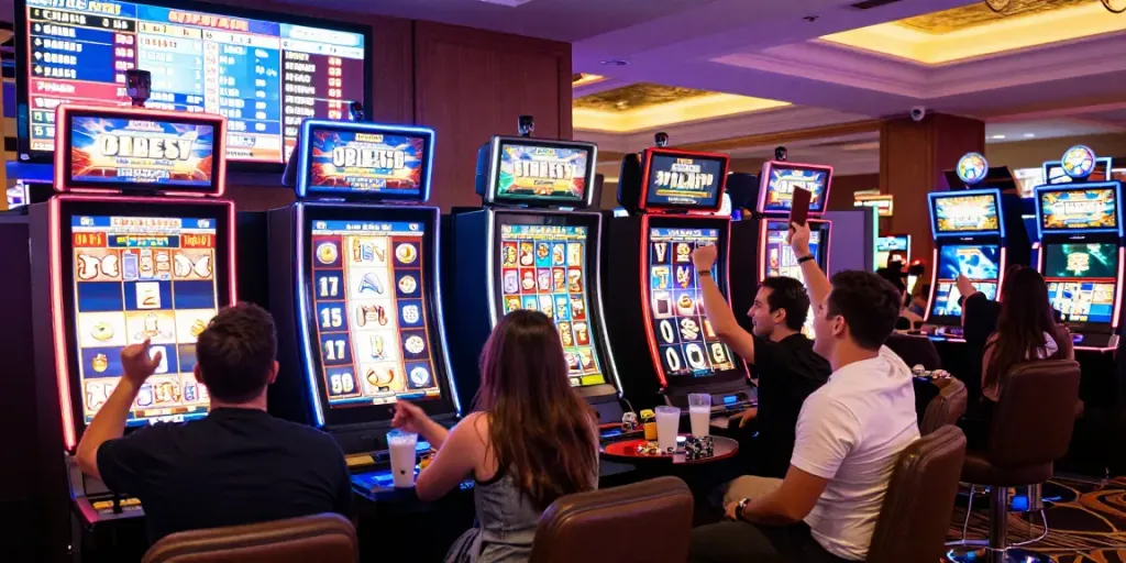 Exciting gaming moment at a slot gacor machine in a vibrant casino setting.