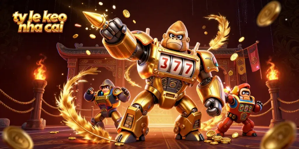Experience thrilling action with ty le keo nha cai featuring a golden gorilla mech and explosive coins.