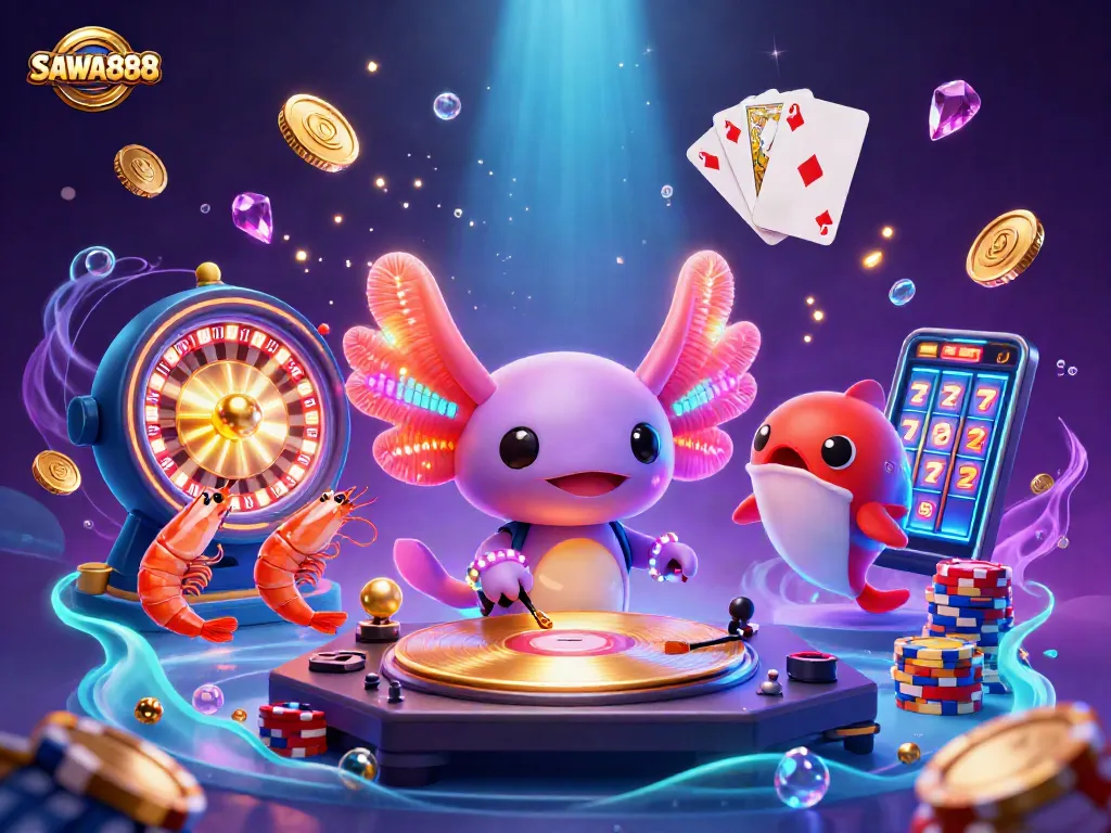 SAWA888 showcases thrilling casino fun with vibrant 3D characters and games in playful underwater scene.