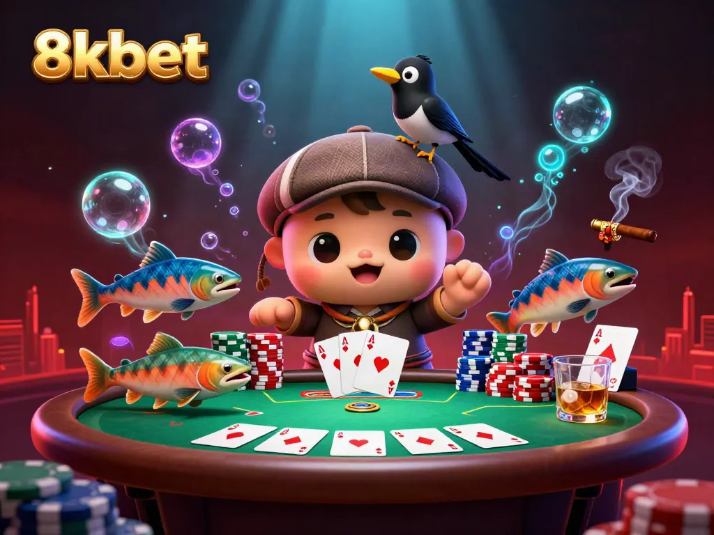 8xbet enhances gaming excitement with a playful baby Nessie and vibrant poker scene surrounded by slots and casino elements.