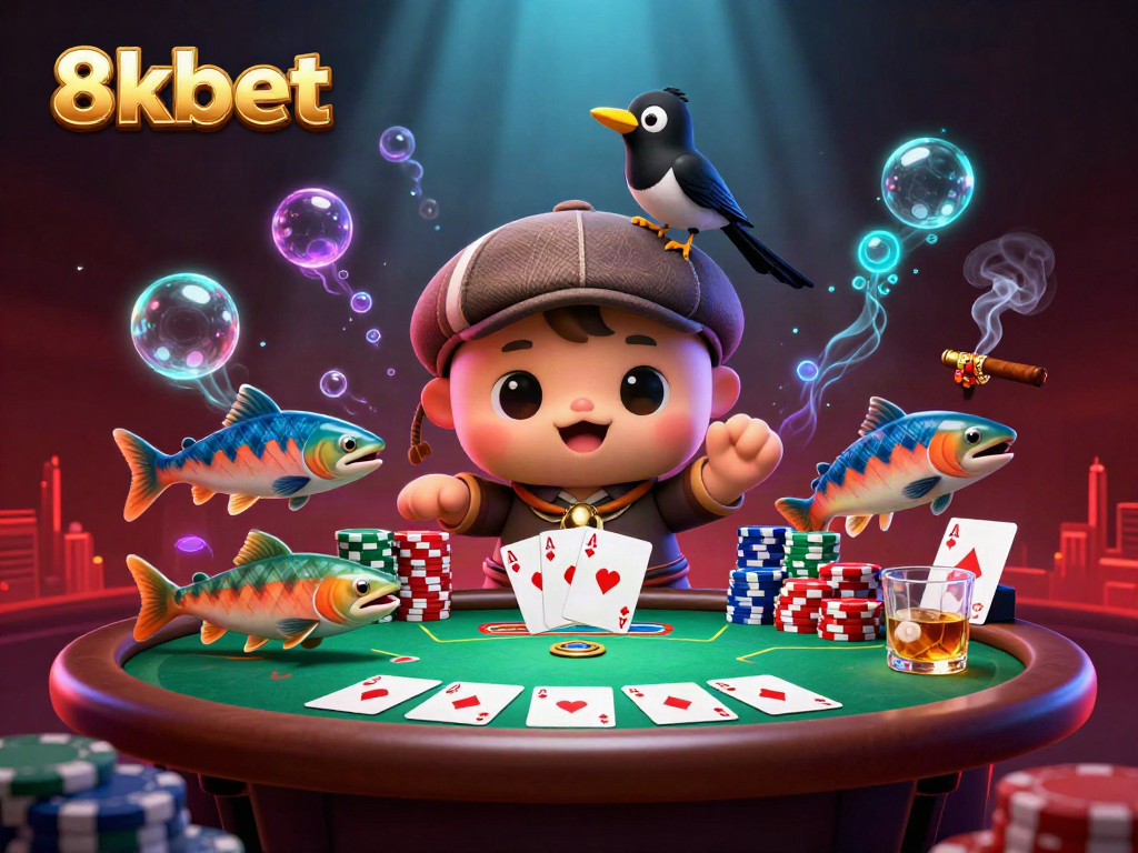 8xbet enhances gaming excitement with a playful baby Nessie and vibrant poker scene surrounded by slots and casino elements.
