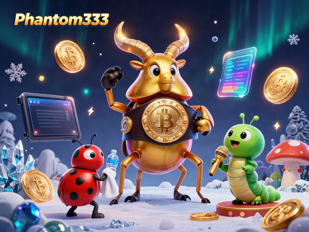 Engage with Phantom333 in a vibrant 3D scene featuring dynamic characters and crypto elements for gamblers.
