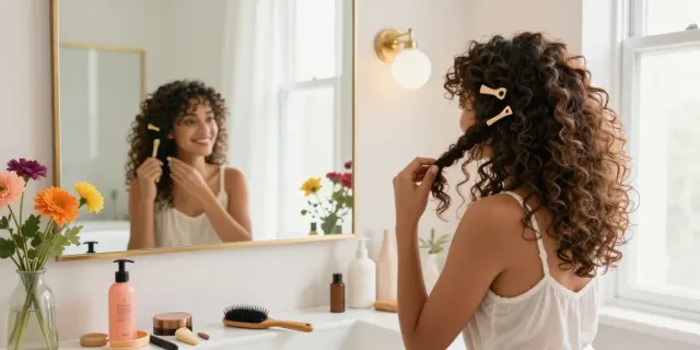 Curly hair clip in extensions applied in a bright bathroom, showcasing transformation.