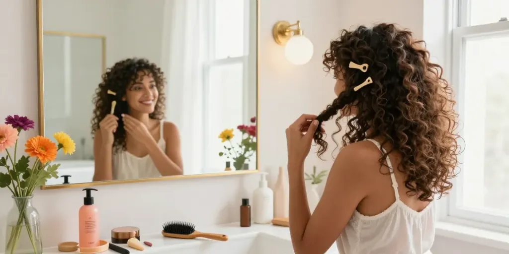 Curly hair clip in extensions applied in a bright bathroom, showcasing transformation.