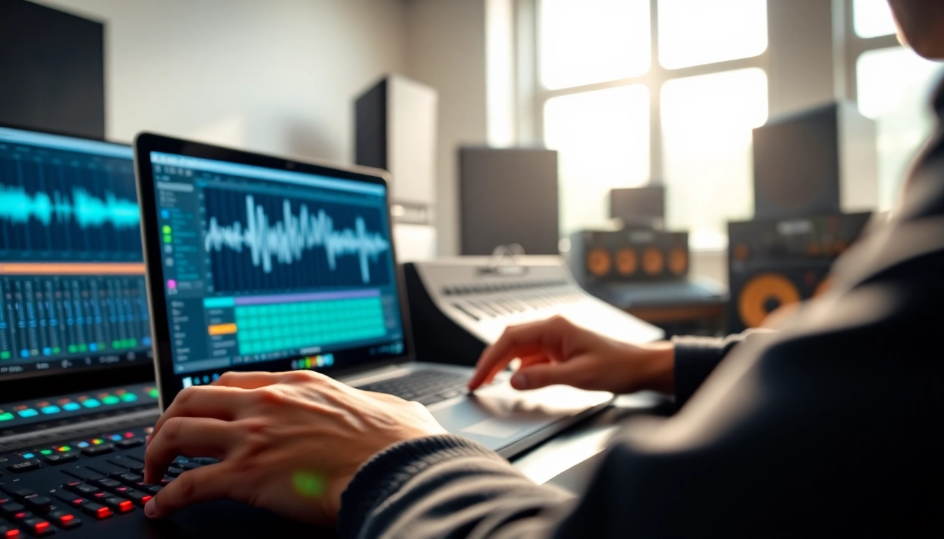 Mastering music tracks online with professional audio equipment in a bright studio.