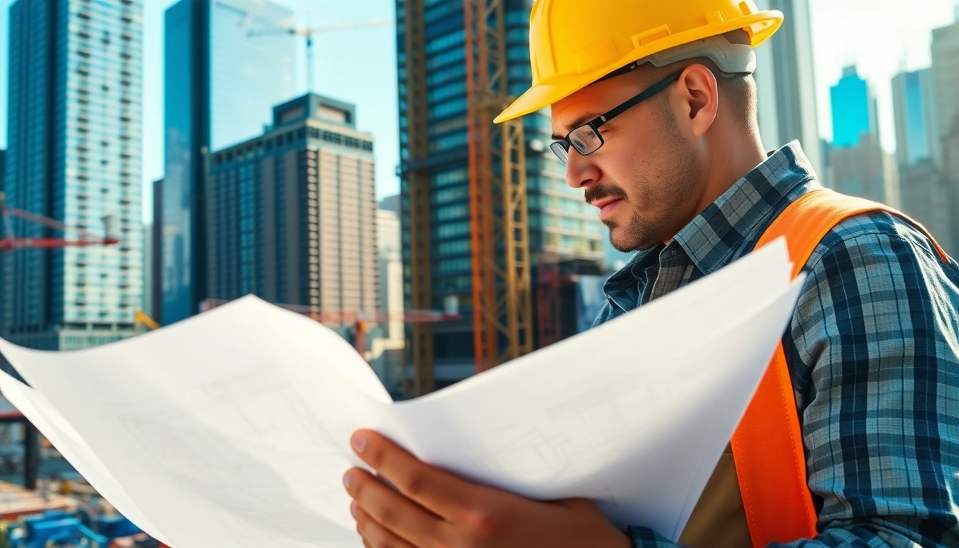 Manhattan Commercial General Contractor reviewing plans on a busy construction site, showing expertise.