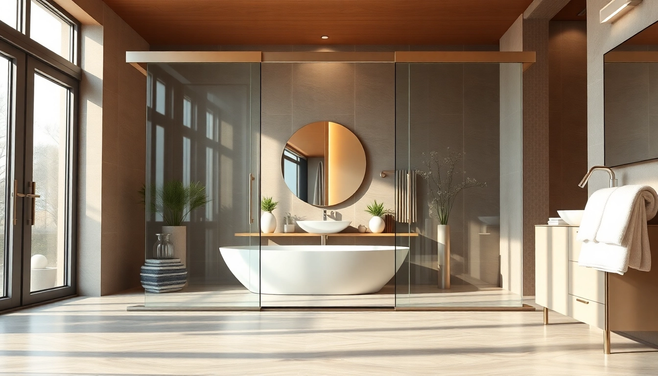 Elegant view of shower doors sliding, showcasing modern design in a stylish bathroom.