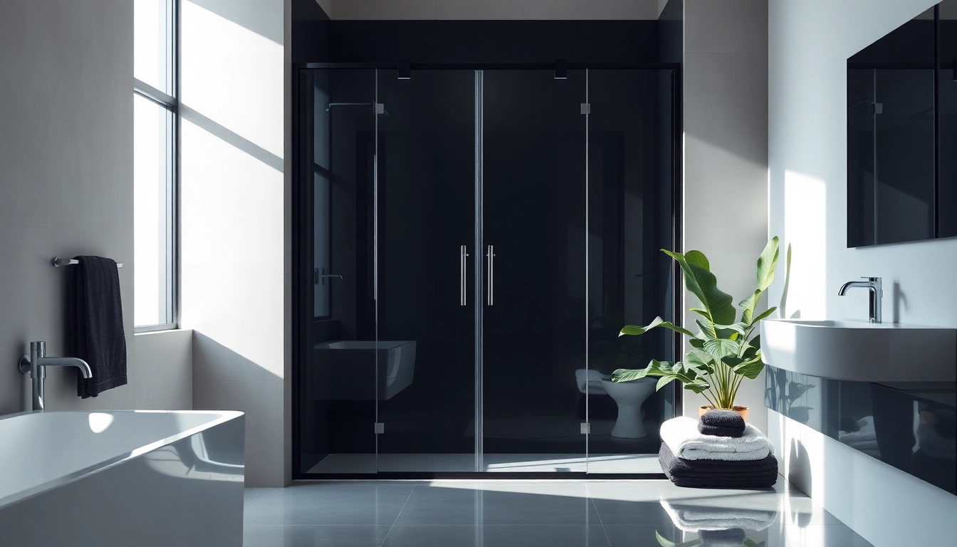 Stylish black shower door enhances modern bathroom design with sleek elegance and tranquility.