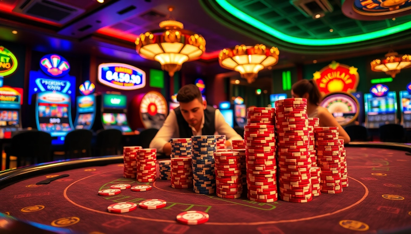 NK88 gaming table with poker chips and excited players at a luxurious casino.