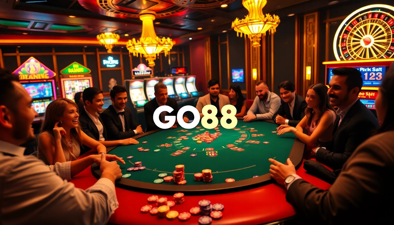 Engaged players enjoying GO88 gaming atmosphere at a luxurious casino table.