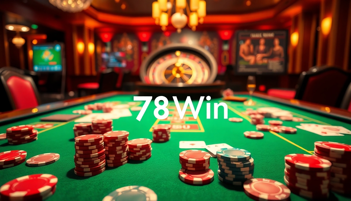 Link vào 78Win while enjoying an elegant casino scene with vibrant gaming tables and poker chips.